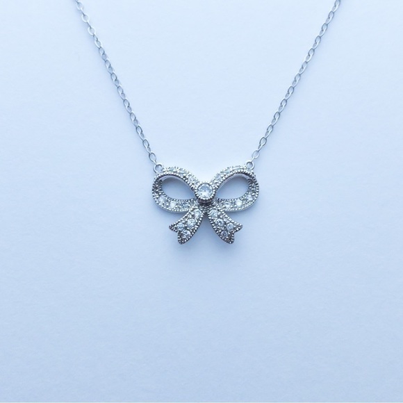 Sterling Silver Chain Pendant Necklace Pave Cubic Zirconia CZ Bow Pendant .925 - Picture 4 of 13